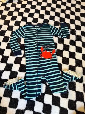 Navy & Teal Striped Kids Footie One-Piece with Red Crab
